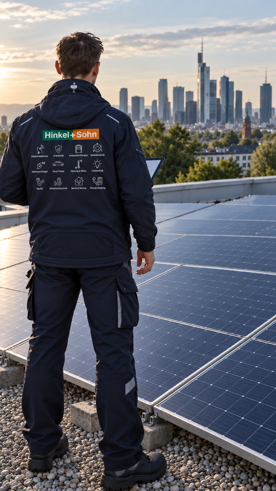 Ein Hinkel+Sohn Mitarbeiter steht vor einer Photovoltaik-Anlage und blickt auf die Skyline von Frankfurt am Main